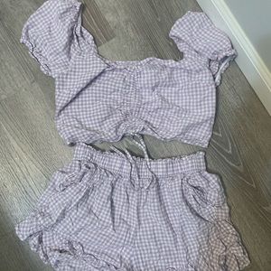 Holister gingham pattern top and shorts (purple and white)